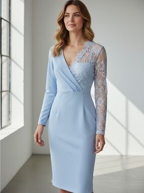 Chic Me Powder Blue Lace-Sleeve Midi Dress